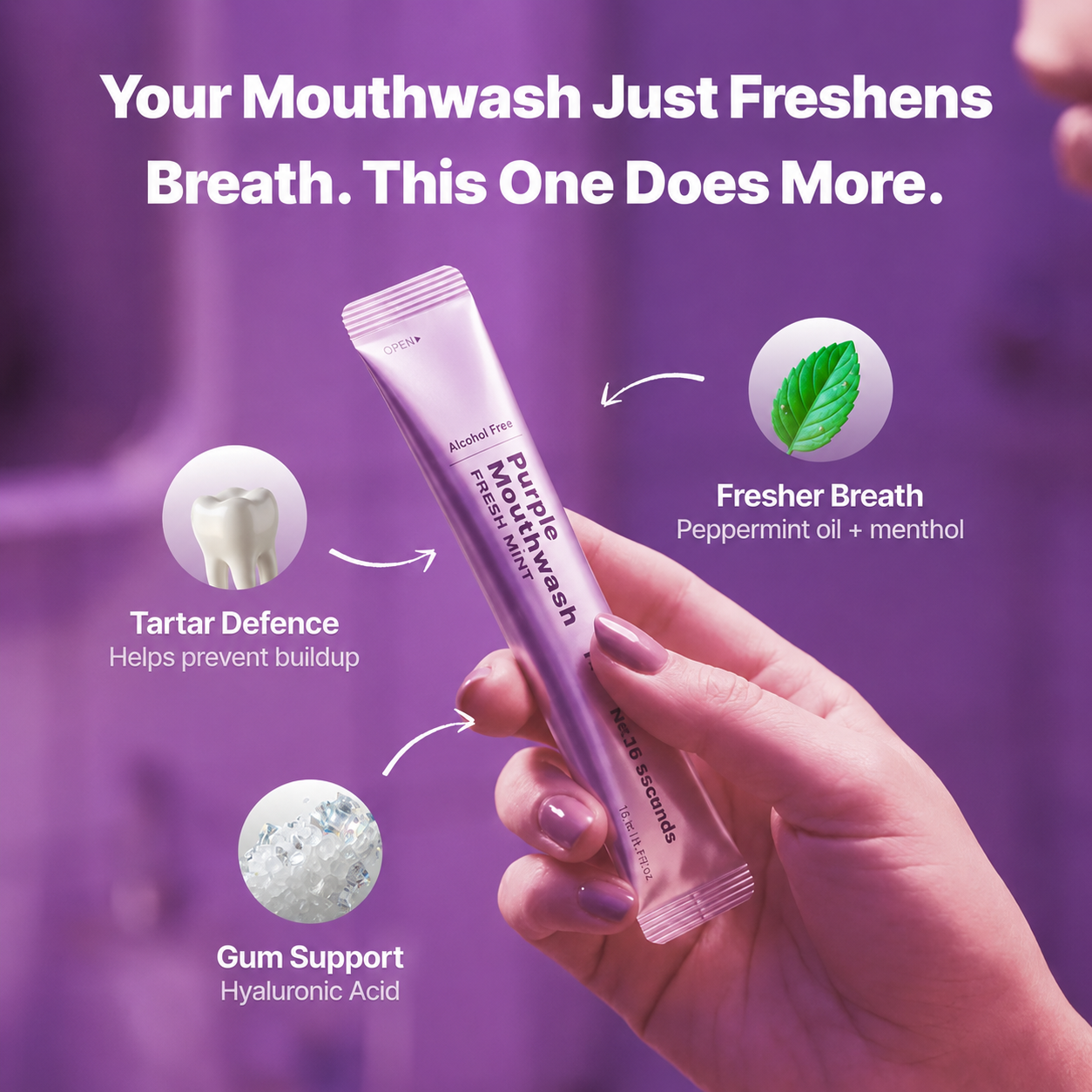 Purple Mouthwash Sachets – 20 Sachets per Box | Peroxide-Free, Alcohol-Free & Vegan Mint Formula