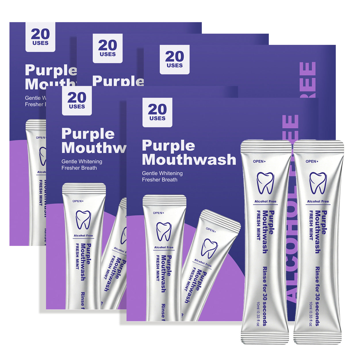 Purple Mouthwash Sachets – 20 Sachets per Box | Peroxide-Free, Alcohol-Free & Vegan Mint Formula