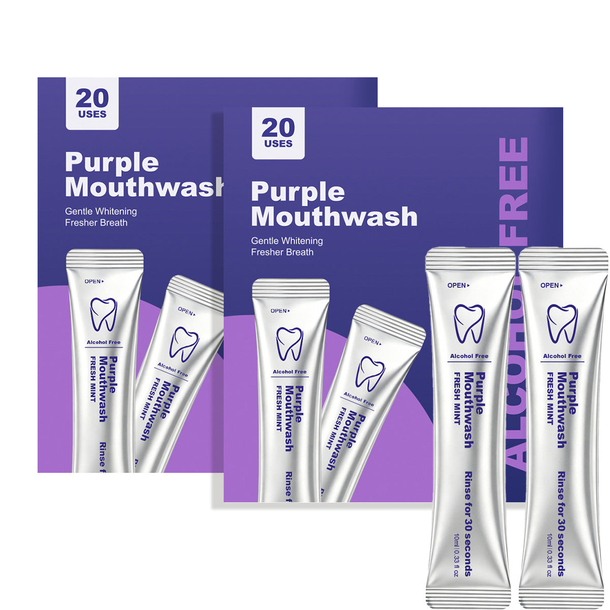 Purple Mouthwash Sachets – 20 Sachets per Box | Peroxide-Free, Alcohol-Free & Vegan Mint Formula