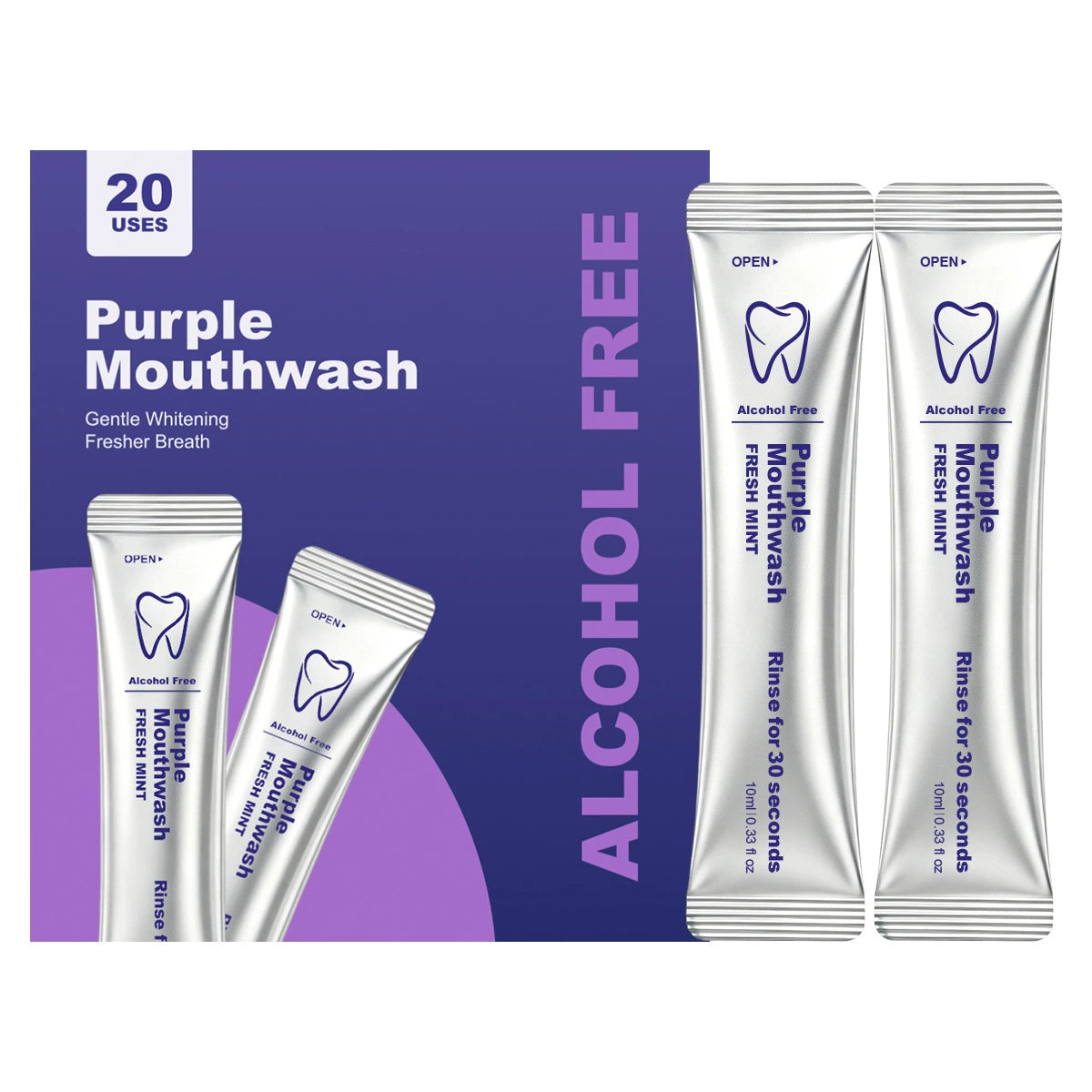 Purple Mouthwash Sachets – 20 Sachets per Box | Peroxide-Free, Alcohol-Free & Vegan Mint Formula